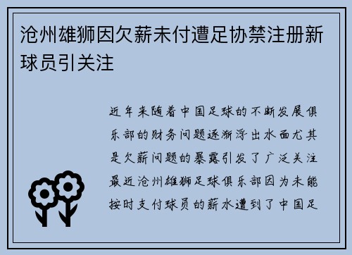 沧州雄狮因欠薪未付遭足协禁注册新球员引关注 沧州雄狮因欠薪未付遭足协禁注册新球员引关注